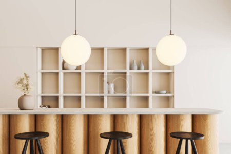 Foto de Acogedor interior de restaurante beige con barra de bar y taburete en fila, estante con platos y decoración. Elegante comedor con muebles minimalistas. Renderizado 3D - Imagen libre de derechos