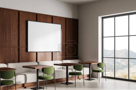 Photo for Corner view of cafe interior with chairs and tables in row. Sofa along the wall near panoramic window, stylish eating area with minimalist furniture. Mock up canvas poster. 3D rendering - Royalty Free Image