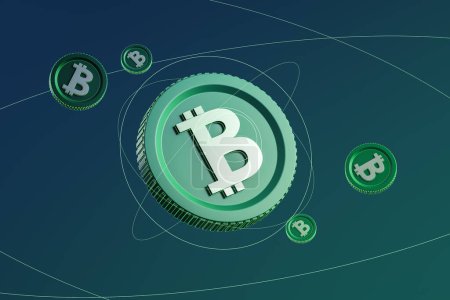 Foto de Bitcoins verdes con líneas abstractas, criptomoneda y dinero electrónico. Concepto de comunicación financiera, conexión y blockchain. Ilustración de representación 3D - Imagen libre de derechos