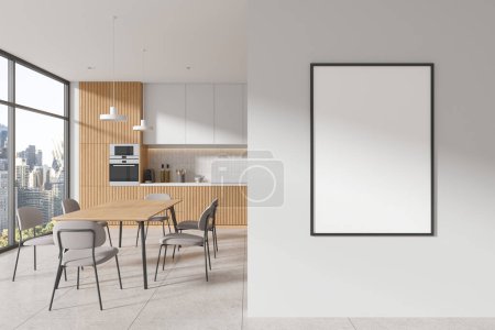 Photo for Wooden and white home kitchen interior with dining table and chairs, tile concrete floor. Cooking cabinet with panoramic window on skyscrapers. Mock up canvas poster on partition. 3D rendering - Royalty Free Image