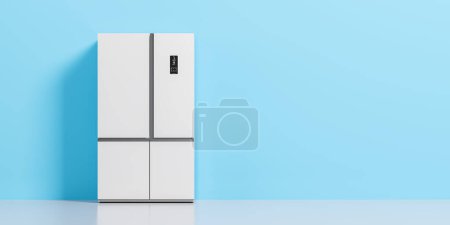 Photo for Realistic fridge with double doors set and digital screen. Modern two chambered fridge appliance for food storage on empty copy space blue background. 3D rendering - Royalty Free Image