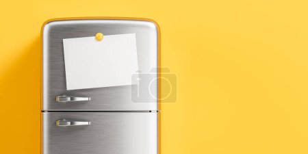 Photo for Chrome classic fridge with mock up empty note. Metal double doors refrigerator appliance for food storage on copy space yellow background. 3D rendering - Royalty Free Image