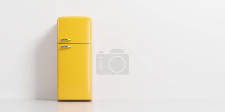 Téléchargez les photos : Réfrigérateur classique ou vintage jaune sur le sol. Appareil de réfrigérateur à double porte coloré pour le stockage des aliments sur fond blanc vide. rendu 3D - en image libre de droit