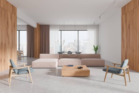 Foto de Elegante hogar salón interior con sofá y sillones, mesa de centro con decoración. Mesa de comedor con sillas, ventana panorámica de los rascacielos de Singapur. Renderizado 3D - Imagen libre de derechos