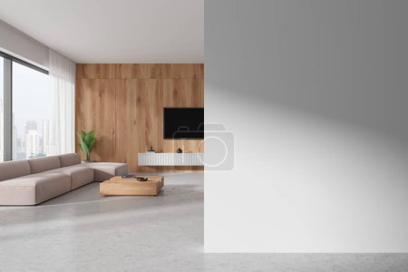 Photo for Cozy home living room interior with sofa and coffee table, tv display with sideboard. Panoramic window on Singapore skyscrapers. Mock up empty wall partition. 3D rendering - Royalty Free Image