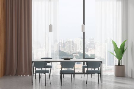 Foto de Elegante salón interior con mesa de comedor, sillas y planta en suelo de hormigón ligero. Comer espacio con muebles minimalistas y ventana panorámica a Singapur. Renderizado 3D - Imagen libre de derechos