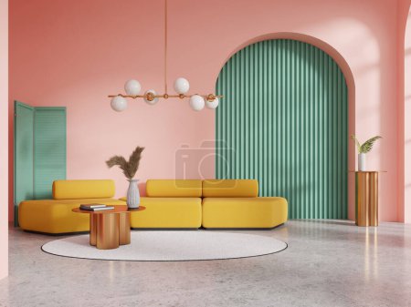 Foto de Interior de la elegante sala de estar con paredes de color rosa, suelo de hormigón y cómodo sofá amarillo de pie cerca de la mesa redonda. renderizado 3d - Imagen libre de derechos