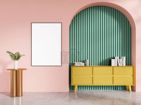 Foto de Colorido interior de la sala de estar con aparador amarillo y libros con decoración, pared de arco rosa y paneles verdes. Sala de la galería con maqueta de póster de lona. Renderizado 3D - Imagen libre de derechos