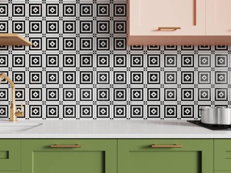 Téléchargez les photos : Intérieur de cuisine moderne avec évier et cuisinière, comptoir en quartz avec étagères vertes et roses. Proche de l'espace de cuisson minimaliste dans un studio élégant. rendu 3D - en image libre de droit
