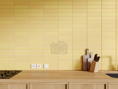 Téléchargez les photos : Intérieur de cuisine maison jaune avec évier et ustensiles de cuisine sur comptoir en bois. Zone de cuisson minimaliste dans un appartement moderne, design coloré. Copier l'espace mur vide. rendu 3D - en image libre de droit