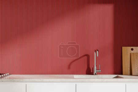 Téléchargez les photos : Intérieur de cuisine maison rouge avec évier et cuisinière, planche à découper sur comptoir en pierre. Gros plan de la zone de cuisson minimaliste colorée avec espace de copie mur vide. rendu 3D - en image libre de droit