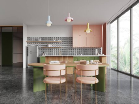 Foto de Moderno interior de la cocina del hogar con barra mostrador y gabinete, mesa de comedor con sillas, nevera en piso de hormigón gris. Ventana panorámica de los trópicos. Renderizado 3D - Imagen libre de derechos