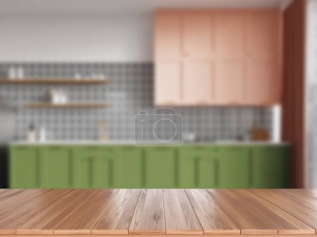 Téléchargez les photos : Table en bois sur fond flou de confortable intérieur de cuisine élégant, espace de cuisson à la maison avec évier et cuisinière. Maquette de l'espace de copie pour l'affichage du produit. rendu 3D - en image libre de droit