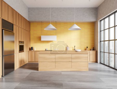 Photo for Stylish yellow home kitchen interior with bar counter, long wooden cooking cabinet with kitchenware on concrete floor. Panoramic window on skyscrapers. 3D rendering - Royalty Free Image