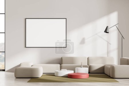 Photo for Cozy home living room interior with sofa, coffee table on carpet and light concrete floor. Scandinavian relax place and mock up canvas poster on wall. Panoramic window on countryside. 3D rendering - Royalty Free Image
