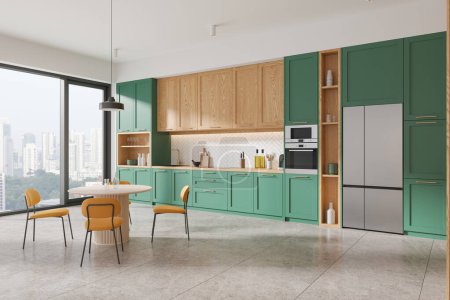 Photo for Corner view of green home kitchen interior with dinner table and chairs, panoramic window on Singapore skyscrapers. Cooking and eating zone with cabinet and fridge. 3D rendering - Royalty Free Image