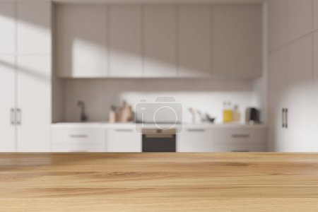 Photo for Empty wooden table on blurred background of cozy home kitchen interior, cooking space with kitchenware and sink. Mock up copy space for product display. 3D rendering - Royalty Free Image