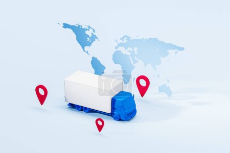 Photo for Mockup copy space delivery van and red location marks, worldwide map. Import and export. Concept of tracking and international logistics. 3D rendering illustration - Royalty Free Image