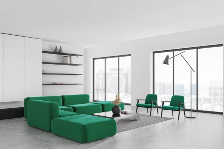 Photo for Corner view of stylish home living room interior with green sofa and armchairs, shelf with decoration and coffee table on carpet. Panoramic window on Kuala Lumpur. 3D rendering - Royalty Free Image