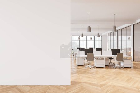 Photo for Modern business interior with coworking, pc computers on desk with drawer, armchairs on hardwood floor. Panoramic window on Bangkok skyscrapers. Mockup copy space empty partition. 3D rendering - Royalty Free Image