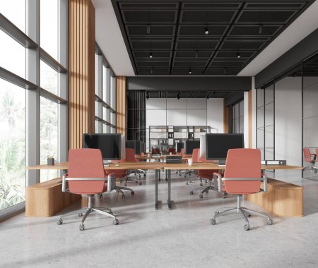 Photo for Stylish business interior with coworking and glass meeting room, pc computers on desk with drawer, armchairs on light concrete floor. Panoramic window on tropics. 3D rendering - Royalty Free Image