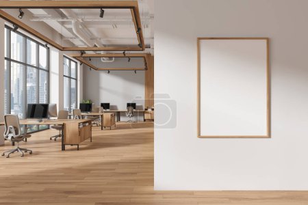 Photo for Interior of modern open space office with gray and wooden walls, wooden floor and rows of computer tables with beige chairs. Vertical mock up poster. 3d rendering - Royalty Free Image