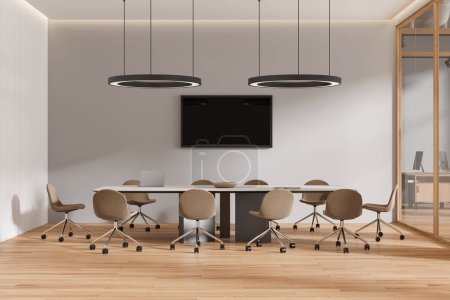Photo for Modern glass business interior with conference table and chairs, hardwood floor. Meeting room with minimalist furniture and tv screen on wall. 3D rendering - Royalty Free Image