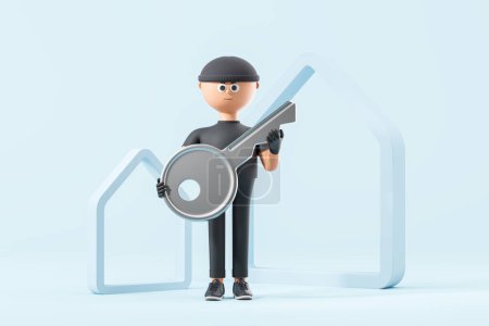 Foto de Personaje de dibujos animados hombre sosteniendo una llave de la casa, símbolo abstracto de la casa sobre fondo azul. Concepto de estafador, engaño y ladrón. Ilustración de representación 3D - Imagen libre de derechos