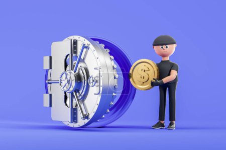 Photo for Cartoon man scammer stealing from a bank vault on colored background, gold dollar coin. Concept of theft, fraud and financial security. 3D rendering illustration - Royalty Free Image