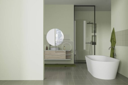 Téléchargez les photos : Élégant intérieur de la maison verte salle de bain avec baignoire, lavabo et douche en verre. Etagère avec accessoires, zone de bain ou spa au design minimaliste. Cloison de mur d'espace de copie de maquette. rendu 3D - en image libre de droit