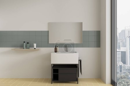 Téléchargez les photos : Intérieur moderne de la salle de bain de l'hôtel avec lavabo, porte-serviettes et étagère avec accessoires de bain. Espace de baignade dans un appartement élégant. Fenêtre panoramique sur les gratte-ciel. rendu 3D - en image libre de droit