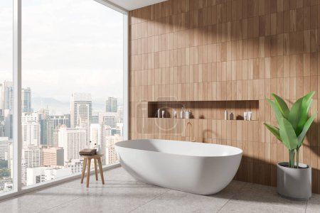 Photo for Corner view of cozy hotel bathroom interior with bathtub and accessories, tile concrete floor. Bathing corner in modern apartment. Panoramic window on Kuala Lumpur skyscrapers. 3D rendering - Royalty Free Image