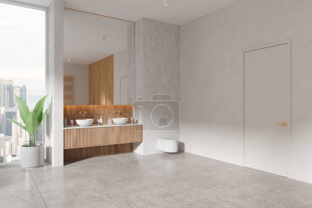 Téléchargez les photos : Coin de salle de bain élégante avec murs blancs, sol carrelé, double lavabo confortable avec grand miroir et toilettes. Rendu 3d - en image libre de droit