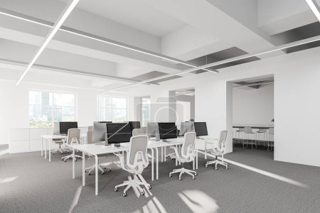 Photo for Comfortable workplace in corner of stylish coworking office with white walls, carpeted floor and rows of white computer desks with gray chairs. 3d rendering - Royalty Free Image