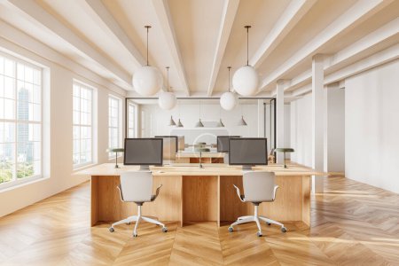 Photo for Interior of stylish open space office with white walls, wooden floor and rows of computer tables with white chairs. 3d rendering - Royalty Free Image