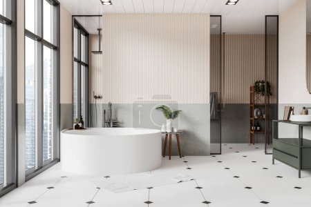 Foto de Interior de baño moderno con paredes de color beige, suelo de baldosas, bañera redonda acogedora, lavabo cómodo y cabina de ducha. renderizado 3d - Imagen libre de derechos