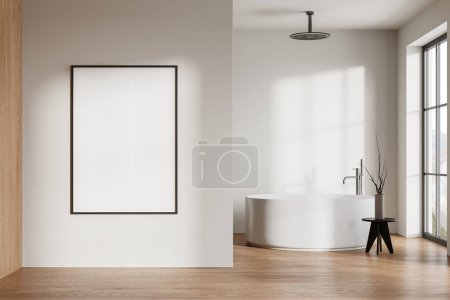 Photo for Modern hotel bathroom interior with round bathtub and decoration, hardwood floor. Stylish bathing space with panoramic window on countryside. Mock up canvas poster on partition. 3D rendering - Royalty Free Image