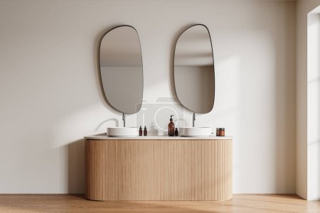 Photo for Beige hotel bathroom interior with double sink, vanity with accessories and two mirrors on beige wall. Bathing space in modern contemporary apartment. 3D rendering - Royalty Free Image