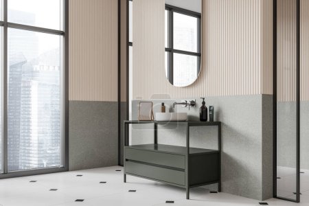 Photo for Corner view of hotel bathroom interior with sink, vanity with accessories and mirror on wall. Bathing corner in modern apartment with panoramic window on Singapore. 3D rendering - Royalty Free Image