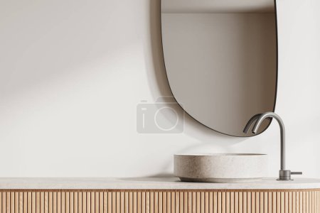 Photo for Beige hotel bathroom interior with sink, vanity with mirror on beige wall and empty space. Minimalist bathing room in modern stylish apartment. 3D rendering - Royalty Free Image