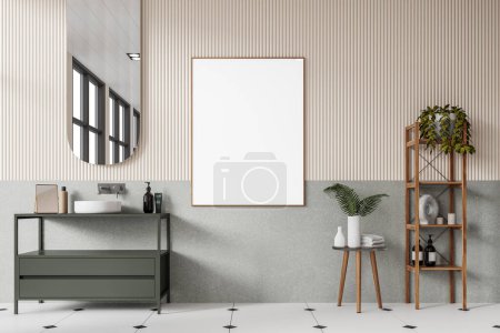 Photo for Interior of stylish bathroom with beige and gray walls, tiled floor, comfortable round sink standing on gray counter and oval mirror. Vertical mock up poster. 3d rendering - Royalty Free Image