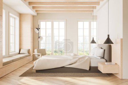 Téléchargez les photos : Intérieur de la chambre moderne avec murs blancs, sol en bois, confortable lit king size avec deux tables de chevet. Rendu 3d - en image libre de droit