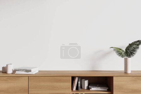 Foto de Casa blanca sala de estar interior con aparador, libros y decoración de arte con estilo en el estante. Cómoda escandinava y maqueta de pared de espacio de copia vacía. Renderizado 3D - Imagen libre de derechos