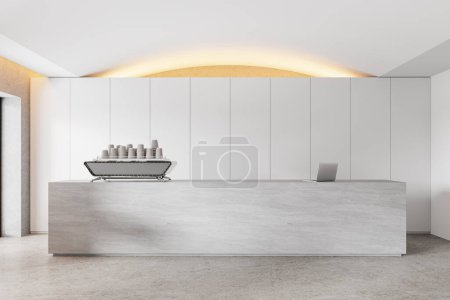 Foto de Interior de una elegante cafetería con paredes blancas, suelo de hormigón y barra de bar masiva con cafetera. renderizado 3d - Imagen libre de derechos