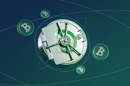 Photo for Green bitcoins with bank vault, cryptocurrency and electronic money. Concept of financial communication, account and blockchain. 3D rendering illustration - Royalty Free Image