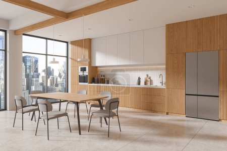 Photo for Corner view of home kitchen interior eating table and chairs, wooden cooking cabinet with fridge and kitchenware. Panoramic window on New York skyscrapers. 3D rendering - Royalty Free Image