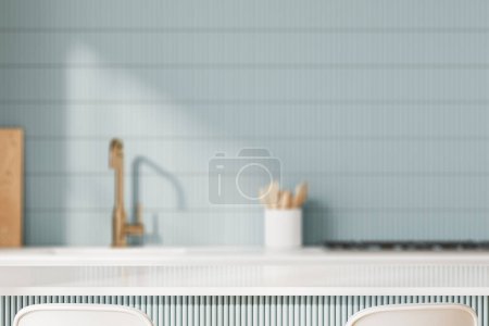 Photo for Empty quartz table on blurred background of stylish home kitchen interior, cooking space with sink, kitchenware and stove. Mock up copy space for product display. 3D rendering - Royalty Free Image