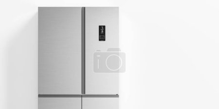 Photo for Realistic fridge with double doors set and digital screen. Modern two chambered fridge appliance for food storage on empty copy space background. 3D rendering - Royalty Free Image