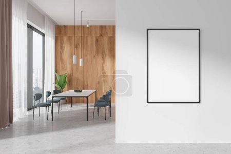 Photo for White home living room interior with dining table and chairs, eating zone on concrete floor. Panoramic window on Singapore. Mock up blank poster on wall partition. 3D rendering - Royalty Free Image