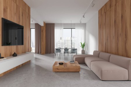 Foto de Casa moderna sala de estar interior con sofá y consola de tv, mesa de centro con decoración. Mesa de comedor con sillas, ventana panorámica de los rascacielos de Singapur. Renderizado 3D - Imagen libre de derechos